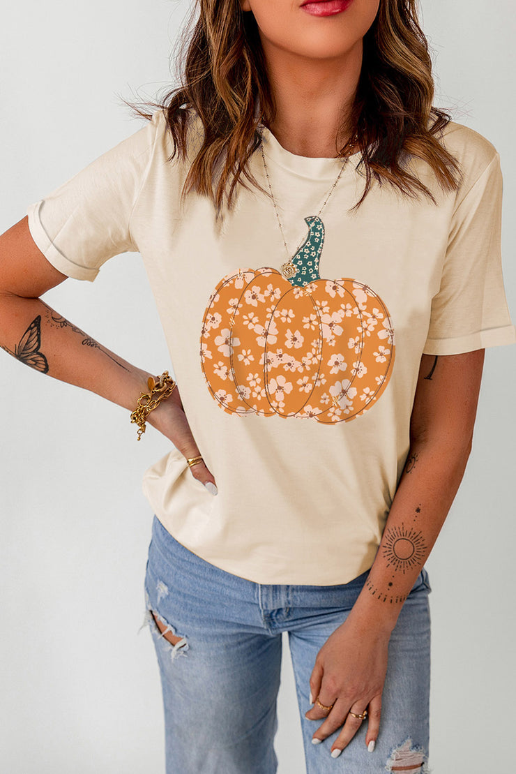 Pumpkin Graphic Round Neck Cuffed T-Shirt (S-XL)