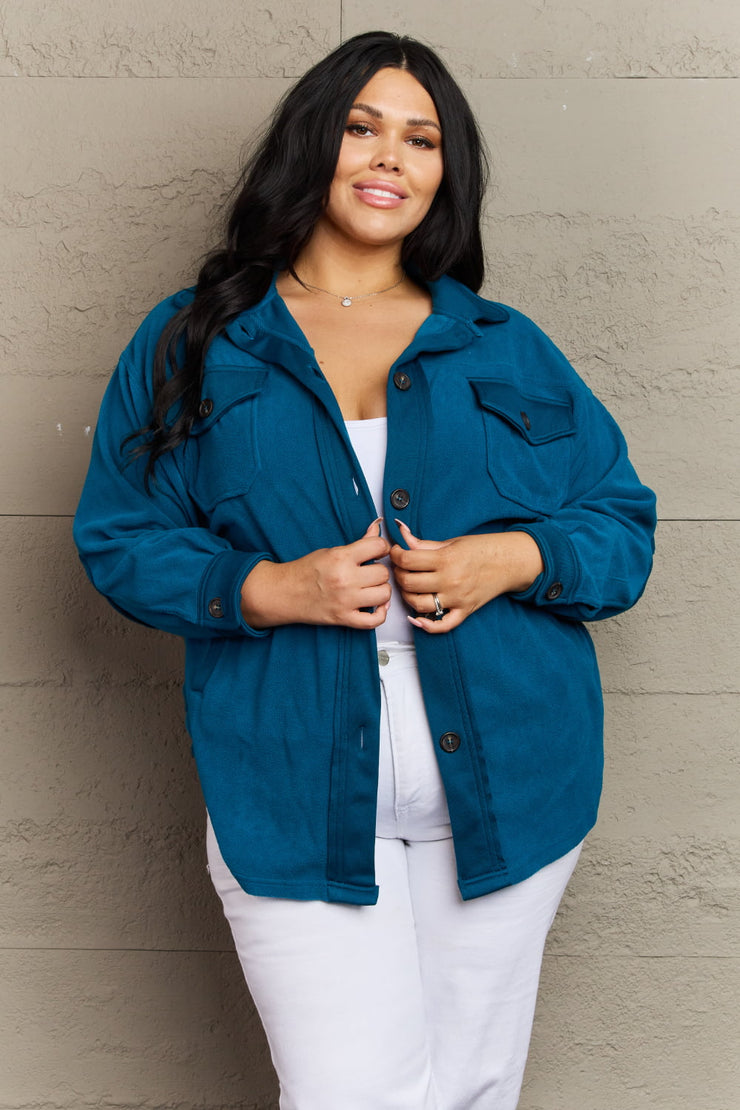 Cozy in the Cabin Fleece Elbow Patch Shacket in Teal (S-3X)