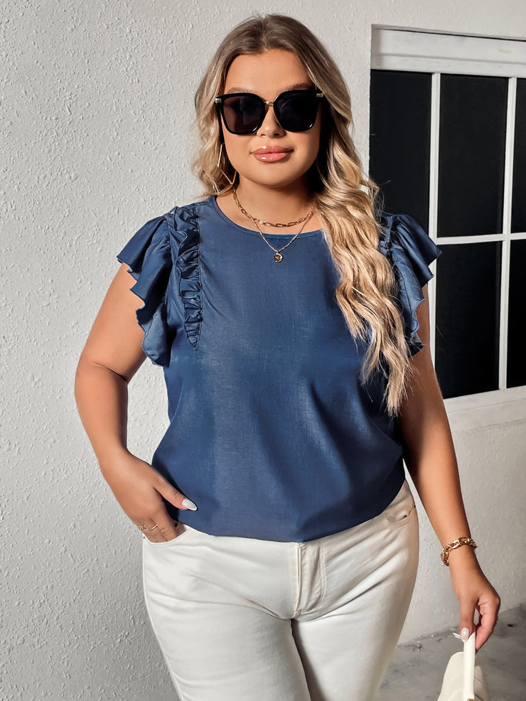 Reaching For Something Plus Size Round Neck Flounce Sleeve Frill Trim Blouse. (1-4X)