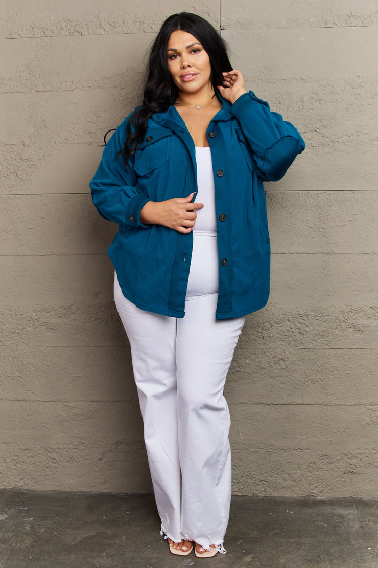 Cozy in the Cabin Fleece Elbow Patch Shacket in Teal (S-3X)